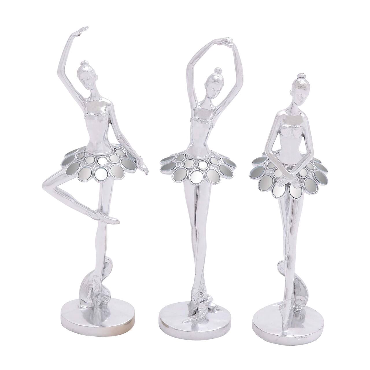 Set of 3 Silver Polystone Modern Dancer Sculpture, 14", 14", 12"